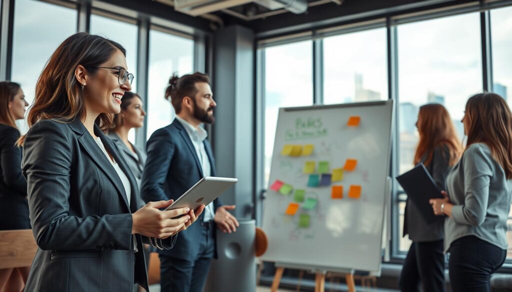 A dynamic office scene depicting a diverse group of professionals engaged in a brainstorming session, symbolizing the pursuit of new challenges. In the foreground, a woman in a sharp business suit animatedly discusses ideas while holding a digital tablet. In the middle, a young man in smart casual wear sketches concepts on a whiteboard, surrounded by sticky notes and colorful diagrams. In the background, large windows let in natural light, highlighting a modern city skyline. The atmosphere is collaborative and energetic, evoking a sense of determination and aspiration. Shot on a Sony A7R IV at 70mm, with a polarized filter to enhance clarity and color, creating a vibrant, professional environment.