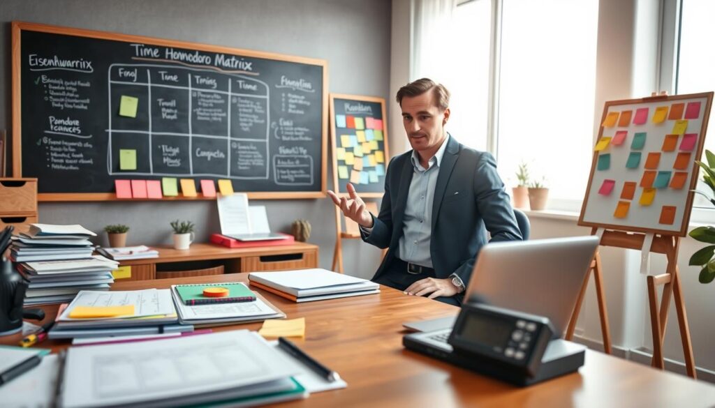 A dynamic office workspace showcasing popular time management techniques. In the foreground, a stylish wooden desk cluttered with planners, sticky notes, and a digital timer, symbolizing the Pomodoro Technique. The middle ground features a sleek chalkboard with diagrams of the Eisenhower Matrix and a Kanban board filled with colorful sticky notes. In the background, a large window letting in soft natural light, creating a productive and uplifting atmosphere. A professional individual, dressed in smart casual clothing, is actively discussing these methods. Capture this scene with a Sony A7R IV at 70mm, emphasizing clarity and detail, using a polarized filter to enhance colors and contrast. The mood is inspirational and focused, inviting viewers to embrace effective time management.