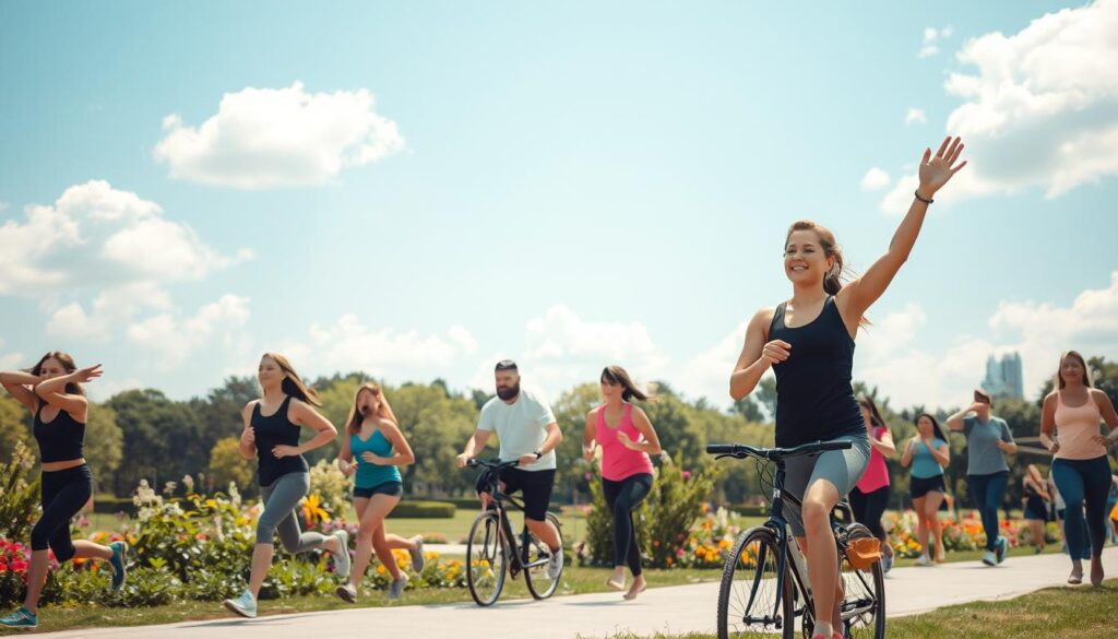A dynamic outdoor scene capturing the essence of physical activity for well-being. In the foreground, a diverse group of individuals engaged in various forms of exercise—running, cycling, and practicing yoga—wearing modest sports attire. In the middle ground, a park filled with lush greenery, walking paths, and vibrant flowers, emphasizing a connection to nature. The background features a clear blue sky with soft, fluffy clouds, symbolizing openness and freedom. Use natural light to create a warm and inviting atmosphere, highlighting the participants' joyful expressions and the invigorating environment. Shot on a Sony A7R IV at 70mm, ensuring crisp focus and sharp definition, enhanced with a polarized filter for vibrant colors and contrast.