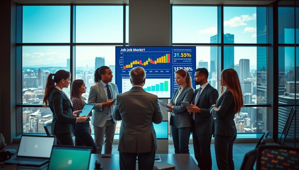 A dynamic scene capturing the current job market situation, showcasing a professional environment. In the foreground, a diverse group of confidently dressed professionals are engaged in a discussion, analyzing data on laptops and digital devices. The middle ground features a large screen displaying graphs and statistics representing job trends and market analysis, accentuated by bright, informative colors. In the background, a sleek, modern office setting with floor-to-ceiling windows, revealing a bustling cityscape under clear blue skies, enhances the atmosphere. The ambiance is one of optimism and focus, illuminated by soft, natural light filtering through the windows. Shot on a Sony A7R IV at 70mm, with a polarized filter for enhanced clarity and definition.