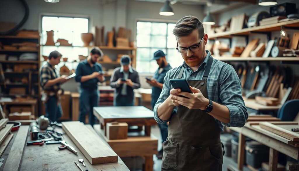 A dynamic scene depicting a diverse group of skilled tradespeople engaged with social media in their workshop. In the foreground, a carpenter reviews his smartphone while donning a professional work apron, surrounded by tools and wooden materials. The middle ground showcases a well-lit workspace with a small group of artisans—an electrician with a tablet and a plumber checking a phone—interacting with their devices and sharing ideas. The background features shelves filled with handcrafted goods and tools, illuminated by natural light streaming through large windows. Captured with a Sony A7R IV at 70mm, the focus is sharp, with a polarized filter enhancing the vibrant colors and details. The atmosphere conveys innovation and collaboration, illustrating the modern integration of social media in traditional craftsmanship.