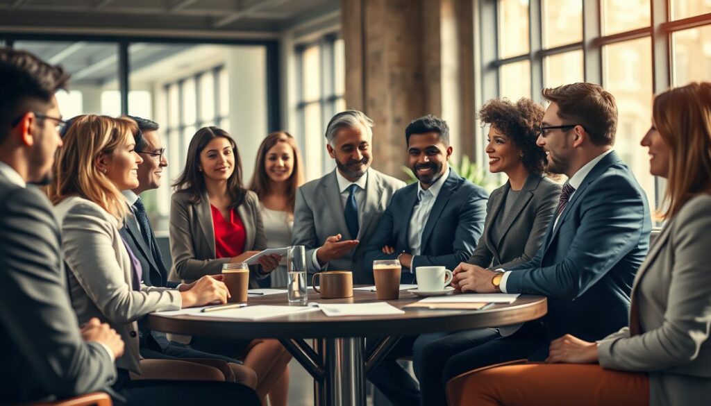 A dynamic scene illustrating the concept of "quick-wittedness in communication." In the foreground, depict a professional, diverse group of people engaged in a lively discussion, each dressed in smart business attire. Capture expressions of confidence and engagement on their faces as they exchange sharp comebacks. In the middle ground, showcase a round table filled with notepads, pens, and coffee cups, symbolizing a brainstorming session. The background should feature an office environment with large windows letting in soft, natural light, creating a warm and inviting atmosphere. Use a shallow depth of field to keep the group in sharp focus while subtly blurring the background. Shot on a Sony A7R IV at 70mm with a polarized filter for clarity and vibrancy.