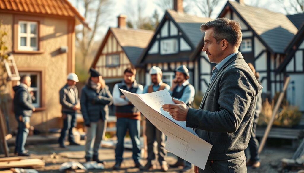 A focused and professional scene depicting a group of skilled tradespeople engaged in the process of energetic renovations in the picturesque town of Höxter. In the foreground, a confident craftsman in business attire consults a blueprint while examining a home in need of restoration. In the middle ground, a diverse team of tradespeople—electricians, carpenters, and plumbers—collaborates, demonstrating teamwork. The background features charming half-timbered houses typical of Höxter, under soft, natural lighting from a late afternoon sun. The atmosphere is productive and hopeful, emphasizing the essence of finding the best craftsmen for home renovations. The image is shot on a Sony A7R IV at 70mm, ensuring sharp detail and vibrant colors with a polarized filter for clarity and depth.
