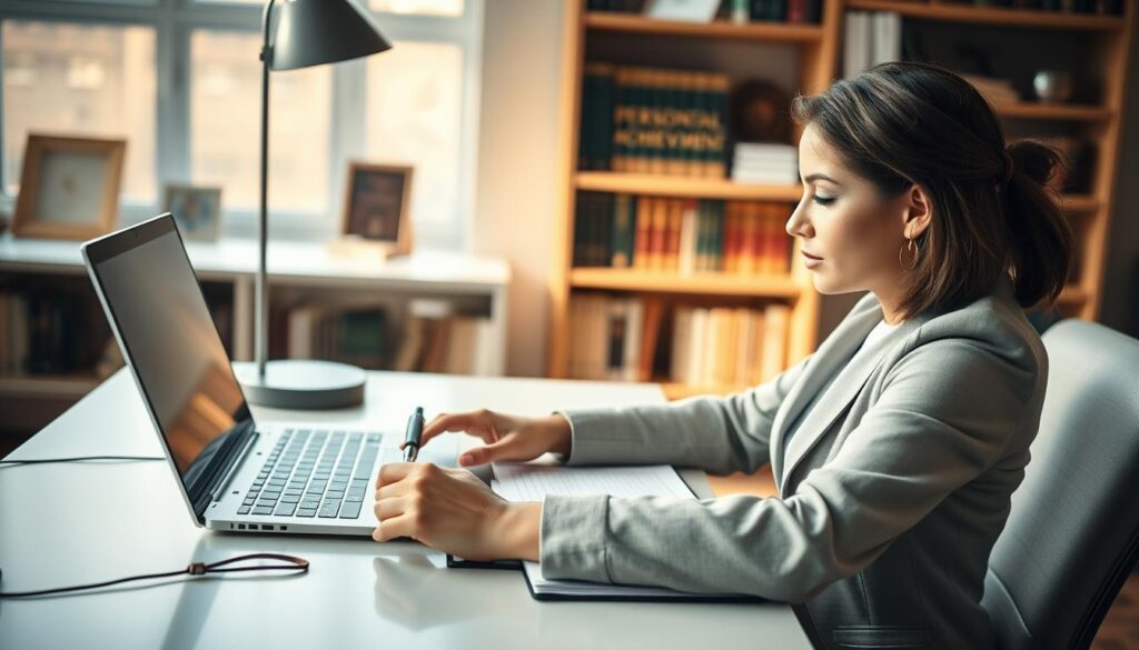 A focused composition showcasing a professional woman sitting at a sleek desk, deeply engaged in writing a motivational letter. She is dressed in a smart business suit, embodying confidence and determination. The foreground features her elegantly poised hands as she types, with a laptop and a notebook showing scattered notes and inspirational quotes. In the middle ground, a soft-lit desk lamp casts a warm glow, creating an inviting atmosphere. The background features a blurred bookshelf filled with motivational books and personal achievement awards, hinting at growth and ambition. The shot captures a natural light from a window, creating soft shadows, evoking a mood of inspiration and focus. Shot on Sony A7R IV, 70mm, clearly focused, sharply defined, polarized filter.