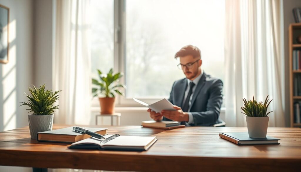 A focused illustration of a serene workspace designed to represent self-control improvement strategies. In the foreground, a wooden desk is neatly organized with a journal, a pen, and a potted plant, symbolizing clarity and order. In the middle ground, a determined individual in professional attire sits thoughtfully, analyzing their notes, embodying willpower and focus. Their expression is reflective, illustrating concentration. The background features a large window allowing soft, natural light to flood the room, casting gentle shadows and creating an inviting atmosphere. The scene conveys a blend of tranquility and motivation, emphasizing the journey towards enhanced self-discipline. Captured with a Sony A7R IV at 70mm, with clear focus and sharp definition, enhanced by a polarized filter for vivid colors.