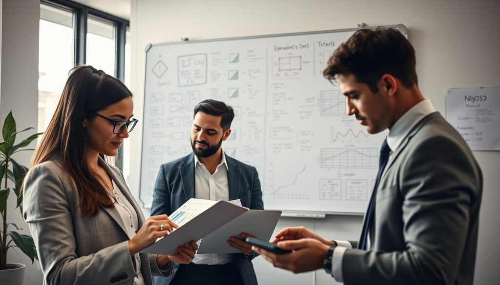A focused office environment featuring a diverse group of three professionals engaged in analytical thinking and number recognition. In the foreground, a woman in a smart blazer examines a complex chart on her tablet, while a man in a crisp shirt and tie reviews data on a laptop beside her. In the middle layer, a large whiteboard filled with graphs, formulas, and mind maps illustrates data patterns and analytical processes. The background shows a modern office with large windows allowing soft, natural daylight to illuminate the scene. The atmosphere is collaborative and intellectually stimulating, reflecting a sense of teamwork and focus. The image captures sharp details and vibrant colors, shot on a Sony A7R IV at 70mm with a polarized filter for clarity.