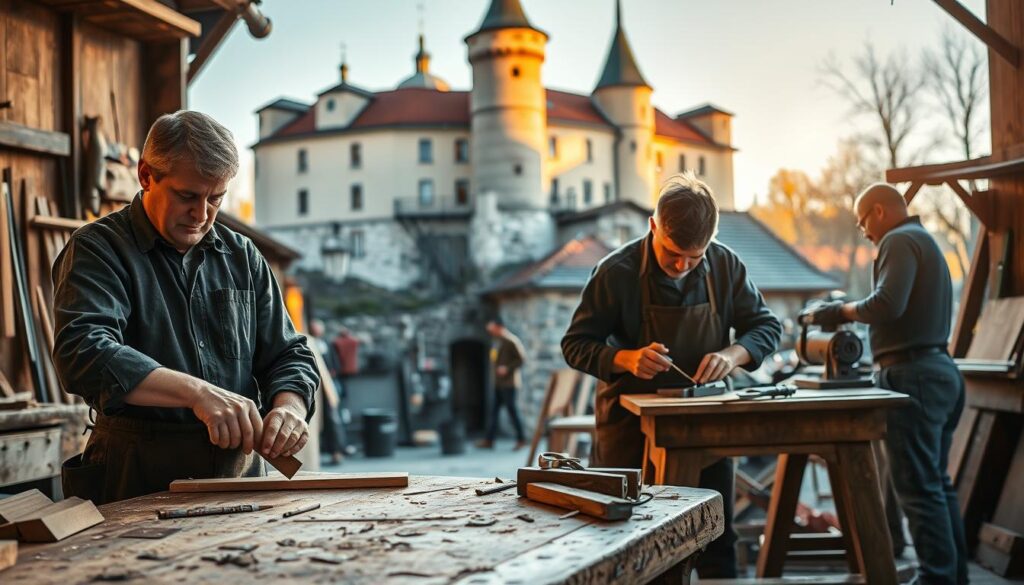 A focused scene depicting skilled craftsmen working in a beautiful, historic setting of Bückeburg, showcasing the charm of the Schlossstadt. In the foreground, a carpenter, dressed in professional work attire, measures wood at a sturdy workbench, surrounded by tools and materials. In the middle ground, another craftsman is seen skillfully shaping a piece of metal, exuding expertise and dedication. The background reveals the stunning architecture of Bückeburg's castle, bathed in warm golden light from a late afternoon sun, contrasting with the rich colors of the surroundings. The atmosphere is imbued with a sense of artistry and craftsmanship, inviting viewers to appreciate the local talent. The image should be captured with a Sony A7R IV at 70mm, sharply focused, with vibrant colors enhanced through a polarized filter.
