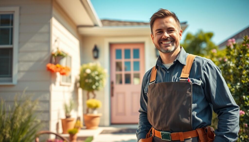 A friendly and professional handyman stands at the entrance of a well-maintained home, ready to greet a client. In the foreground, the handyman, dressed in smart casual attire with a tool belt, has a warm smile and open body language, conveying confidence and approachability. The middle ground shows the charming front door of the house, adorned with plants and decorative elements that suggest care and attention to detail. In the background, the soft green of a neatly kept garden is visible, under a clear blue sky that enhances the inviting atmosphere. The scene is shot with a Sony A7R IV at 70mm, clearly focused with sharp definitions, utilizing a polarized filter to bring out the colors vividly and create a professional and welcoming mood.