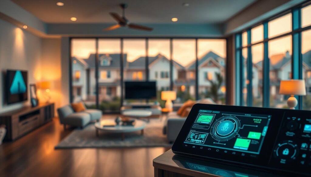 A futuristic Smart Home interior showcasing robust data security features. In the foreground, a sleek control panel displays visualizations of encrypted data flows and firewalls, glowing with soft blue and green lights. In the middle ground, a cozy living room integrates smart devices like automated lighting and a voice-activated assistant, emphasizing a blend of technology and comfort. The background features large windows revealing a sophisticated neighborhood, implying a network of connected homes. The scene is captured with a Sony A7R IV at 70mm, with a sharp focus on the control panel, enhanced by a polarized filter, creating a bright and inviting atmosphere while highlighting the importance of data security in modern living.