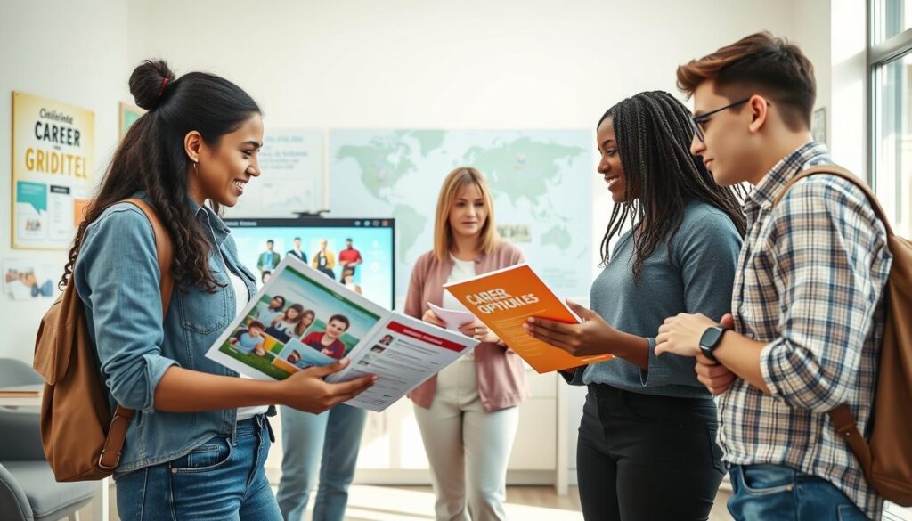A group of high school graduates stands in a bright, modern career counseling office, engaged in a lively discussion about their future career paths. In the foreground, two diverse students in professional casual clothing enthusiastically review a colorful career options brochure. In the middle, a career counselor, a middle-aged individual with a welcoming smile, points out various job profiles on a large screen displaying different professions. The background features motivational posters and a world map, symbolizing global career opportunities. The atmosphere is upbeat and encouraging, with soft natural light streaming through large windows. The image is captured with a Sony A7R IV at 70mm, ensuring sharp focus and detailed textures, enhanced by a polarized filter for vibrant colors.