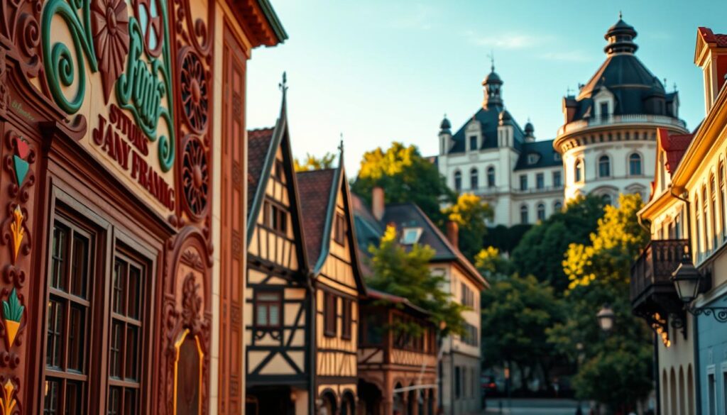 A harmonious blend of architectural elements showcasing "Color and Symbolism in Architecture." In the foreground, a detailed view of an ornate building facade adorned with vibrant, historically significant colors representing various cultural meanings. The middle ground features an elegant street lined with Bürgerhäuser, reflecting the region’s architectural style, with intricate patterns and symbolic motifs on their walls. The background showcases the majestic Schloss Bückeburg, bathed in warm, golden afternoon light, with lush greenery framing the scene. The image should convey a mood of reverence and historical significance, emphasizing the interplay of color and form, shot on a Sony A7R IV at 70mm, clearly focused, sharply defined with a polarized filter to enhance colors and contrast.