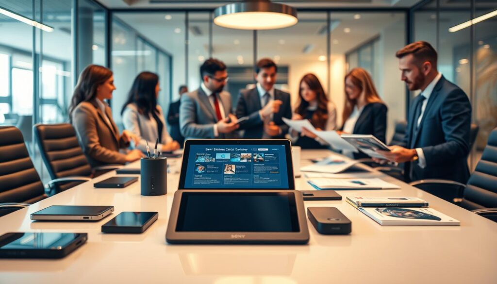A highly detailed display of premium quality products and solutions, arranged elegantly on a sleek conference table. In the foreground, polished items like high-tech gadgets, sophisticated software interfaces displayed on tablets, and elegant brochures highlighting business solutions. The middle ground showcases a diverse, professional team dressed in business attire, engaged in collaborative discussion, examining the products closely. The background features a modern office space with glass walls and soft, ambient lighting that creates an inviting atmosphere. The image is shot with a Sony A7R IV camera at 70mm, with a sharp focus on the products, utilizing a polarized filter for enhanced clarity and contrast, evoking a sense of professionalism and innovation.