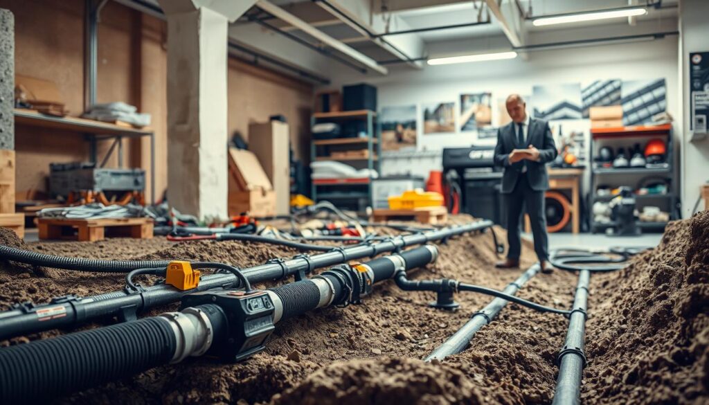 A highly detailed scene showcasing various Kellerentwässerung techniques and systems, emphasizing modern drainage solutions. In the foreground, a professional in business attire examines a freshly installed drainage system with an array of pipes and tools, demonstrating expertise and precision. The middle ground features an open basement with visible moisture remediation techniques, including sump pumps and water barriers in action. The background depicts a well-lit workshop environment with shelves of equipment and images of successful installations. The lighting is bright and even, reminiscent of daylight, enhancing the clarity of the scene. Shot on a Sony A7R IV at 70mm, the image is sharply defined and vivid, with a polarized filter to reduce glare, creating an atmosphere of professionalism and innovation in construction.