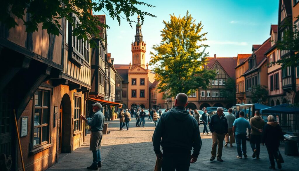 A historic view of Hameln's old town, showcasing its charming medieval architecture with timber-framed houses and cobbled streets, bathed in warm afternoon sunlight. In the foreground, skilled artisans in modest casual clothing are seen restoring the facades of old buildings, highlighting the theme of preservation and craftsmanship. The middle ground features a lively plaza with locals and tourists admiring the details of the structures. In the background, soft-focus trees frame the scene while the distant silhouette of St. Boniface Church rises against a clear blue sky. The image is shot with a Sony A7R IV at 70mm, ensuring clear focus and sharp definition, enhanced with a polarized filter to accentuate colors and contrast, creating a vibrant yet nostalgic atmosphere.