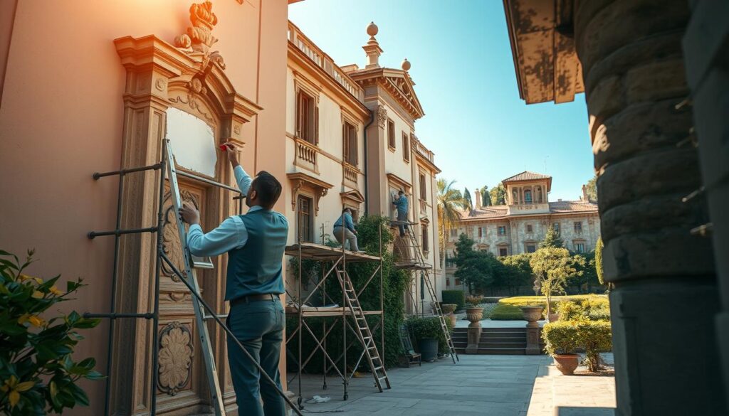 A historical building undergoing maintenance, showcasing detailed scaffolding and workers gently restoring intricate architectural features. In the foreground, a painter in professional attire is applying fresh paint to a decorative facade, capturing the essence of preservation. The middle ground reveals other craftsmen carefully repairing a stone wall, emphasizing teamwork in restoration efforts. The background features a beautiful historical villa with lush greenery and a clear blue sky, highlighting the architectural beauty of the era. The scene is illuminated by warm, natural sunlight, creating inviting shadows that enhance textures. Shot with a Sony A7R IV at 70mm, clearly focused and sharply defined, with a polarized filter to enrich colors and reduce glare, encapsulating the dedication and effort involved in maintaining heritage buildings.