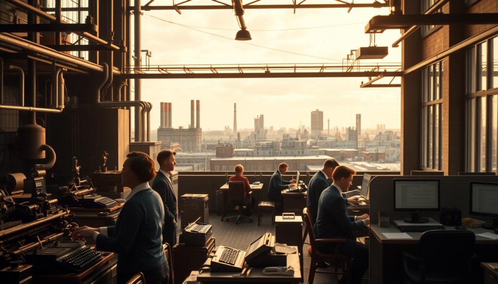 A historical depiction of working hours in Germany, capturing the evolution of labor from the early 20th century to modern times. In the foreground, an old-fashioned factory with workers in professional business attire, diligently operating machinery. In the middle ground, a contrast of images showing workers from different eras, including a 1950s office with clerks using typewriters, and a 1990s computer workstation. The background features a skyline transitioning from industrial buildings to contemporary offices. The scene is lit with warm, natural light filtering through windows, creating a nostalgic atmosphere. Shot on a Sony A7R IV at 70mm, with a sharply defined focus, enhanced by a polarized filter to bring out the textures and details of the architecture and clothing.