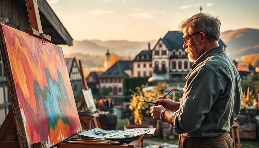 A historical scene depicting painters at work in a picturesque Bückeburg setting, showcasing traditional techniques of art. In the foreground, a painter dressed in modest casual clothing meticulously applies vibrant colors to a canvas, surrounded by brushes and palettes, capturing the essence of their technique. The middle ground features a charming Bückeburg Bürgerhaus and the magnificent Schloss, bathed in warm, golden afternoon light that highlights their architectural details. In the background, rolling hills and a soft sky create a serene atmosphere. Shot with a Sony A7R IV at 70mm, the image is sharply defined and clearly focused, enhanced by a polarized filter to bring out colors and contrast, evoking a nostalgic yet lively mood.