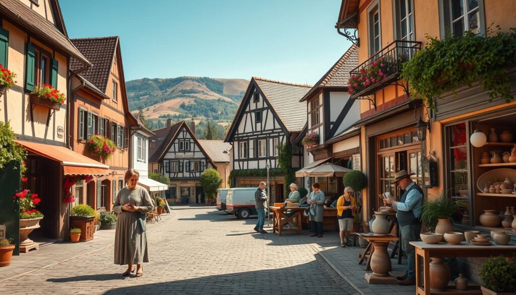 A historical street scene in Bad Münder, showcasing charming 19th-century buildings with traditional architecture, adorned with colorful flowers and lush greenery. In the foreground, a well-dressed couple, representing the town's artisans, discusses handcrafts while dressed in modest casual clothing. In the middle ground, skillful artisans are engaged in woodworking and pottery-making, highlighting the town’s craftsmanship. The background features rolling hills and a clear blue sky, embodying the serene atmosphere of a spa town. The lighting is warm and inviting, simulating a late afternoon glow, with a polarizing filter enhancing the vibrant colors. Capture this scene in a sharp, detailed focus using a Sony A7R IV at 70mm to convey a sense of history and community.