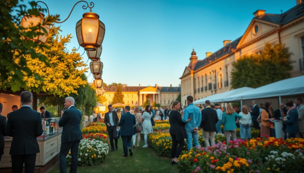 A lively outdoor scene depicting a vibrant festival atmosphere in Bad Pyrmont, showcasing beautifully landscaped gardens filled with colorful flowers and lush greenery. In the foreground, diverse groups of people in professional business attire and modest casual clothing engage in various activities, such as mingling, enjoying food stalls, and participating in gardening workshops. The middle ground features elegant decorations like lanterns and canopies, perfectly complementing the serene ambiance of the spa gardens. In the background, classic architecture of the Kurpark adds charm, under a clear blue sky. The lighting is warm and inviting, simulating golden hour, captured with a Sony A7R IV at 70mm, employing a polarized filter to enhance color saturation and clarity. The overall mood feels festive and welcoming, reflecting community spirit and appreciation for horticulture.