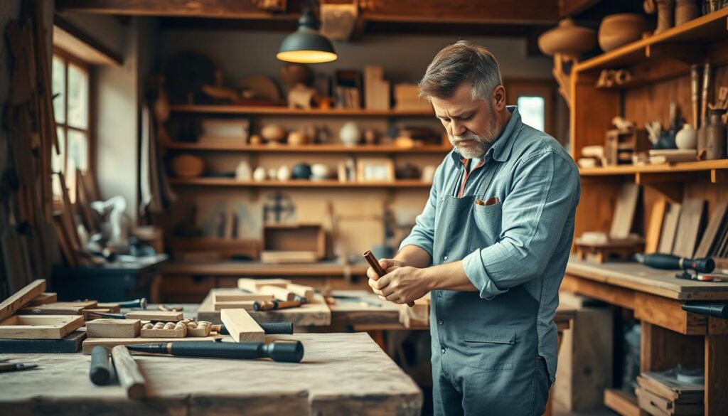A local craftsman working intently in a cozy workshop in Holzminden, showcasing traditional craftsmanship. In the foreground, a skilled carpenter, dressed in modest casual clothing, examines a piece of wood with hand tools, showcasing dedication and expertise. The middle ground contains a well-organized workspace filled with various tools, wooden materials, and a detailed workbench. The background features warm wooden shelves adorned with finished products and handcrafted items, emphasizing the artisanal nature of local trades. Soft, natural light streams through a window, illuminating the scene with a warm and inviting glow. Shot with a Sony A7R IV at 70mm, the image is sharply defined and clearly focused with a polarized filter, capturing the atmosphere of trust and community associated with local craftsmanship.