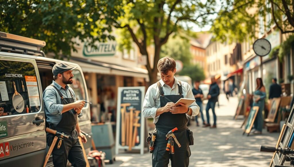A local tradesman market scene featuring a diverse group of skilled professionals engaged in conversation, showcasing their services. In the foreground, a carpenter in professional attire holds tools, discussing a project with an electrician, who stands beside a van with visible branding related to their trade. In the middle ground, a clean and organized marketplace displays various tools and signboards of different craftsmen, highlighting their expertise. The background features a charming street in Rinteln, with beautiful old buildings and greenery, capturing the essence of community and local business. Soft, natural sunlight filters through the trees, casting gentle shadows, enhancing the inviting atmosphere. The image is shot with a Sony A7R IV at 70mm, ensuring sharp focus and clarity.