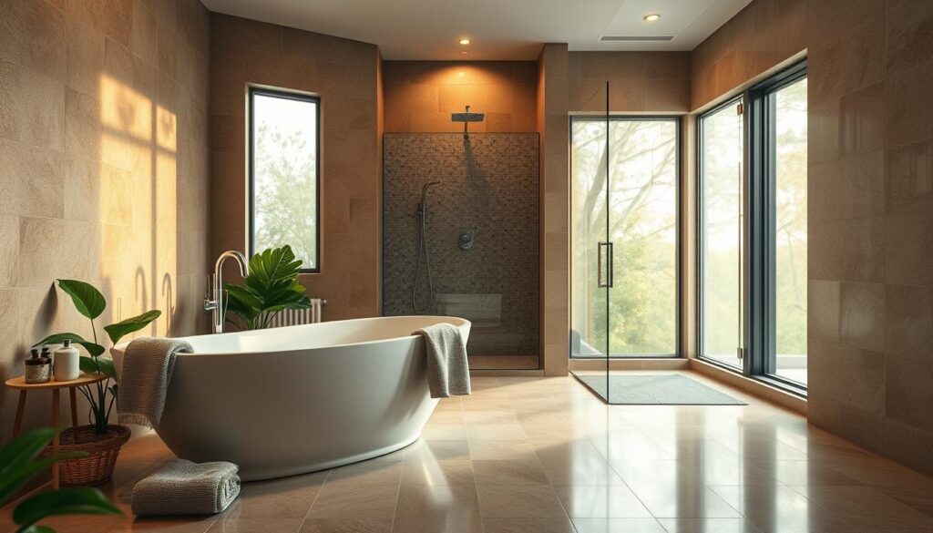 A luxurious bathroom designed with elegant ceramic tiles featuring soothing earth tones. In the foreground, a stylish freestanding bathtub with sleek lines sits on a beautifully tiled floor, surrounded by plush towels and greenery for a spa-like atmosphere. The middle layer showcases a spacious shower enclosed with glass, tiled with a mosaic pattern that adds texture and depth. The background includes large windows allowing soft, natural light to filter in, enhancing the calming vibe. Warm, ambient lighting creates a serene mood, with reflections dancing on the polished surfaces. The image is shot with a Sony A7R IV at 70mm, clearly focused with a polarized filter, emphasizing the intricate details and overall harmonious design, perfect for showcasing personalized wellness spaces in homes.
