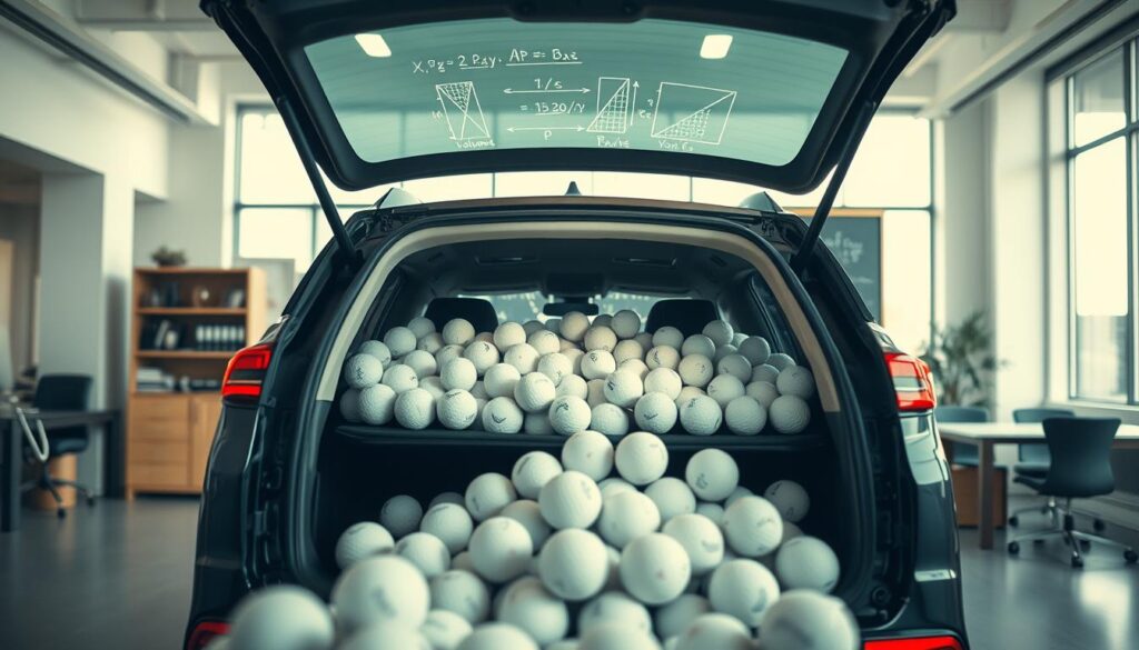 A mathematically inspired composition showcasing the principles behind solving the problem of how many golf balls fit in an SUV. In the foreground, a sleek SUV with its back open, revealing a meticulous arrangement of golf balls inside, some spilling out. The middle layer features an interactive chalkboard with clear, colorful equations and diagrams illustrating mathematical concepts such as volume and geometric calculations. In the background, a bright, modern office space with large windows letting in natural light creates a warm atmosphere. This scene is shot on a Sony A7R IV 70mm lens, sharply defined with a polarized filter, capturing both detail and depth, evoking an academic yet approachable mood.