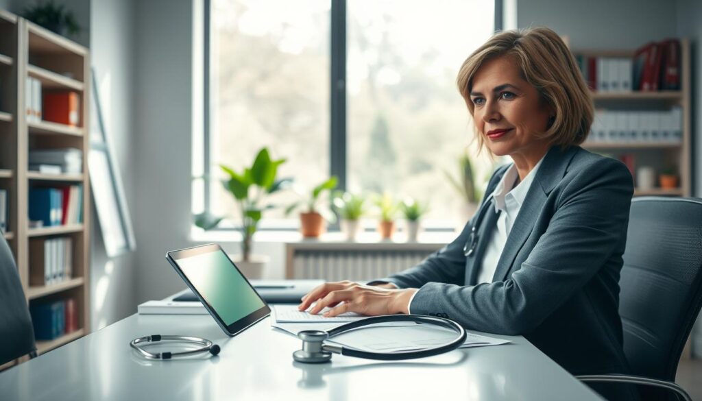 A medical professional, a middle-aged Caucasian woman in a business suit, sits at a clean, modern desk surrounded by health-related documents. In the foreground, a stethoscope lies prominently beside a tablet displaying patient information. The middle ground features a soft-focus view of a large window with natural light pouring in, highlighting a calm and inviting office space with potted plants. In the background, a well-organized bookshelf filled with medical texts and resources adds context. The overall atmosphere conveys professionalism and clarity, with a mood of trust and communication. The image is shot with a Sony A7R IV at 70mm, ensuring sharp focus and defined details, enhanced by a polarized filter for vivid colors and contrast.