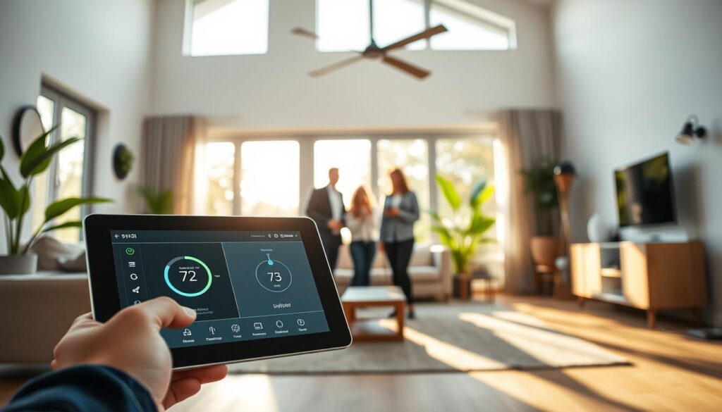 A modern Smart Home interior showcasing its advantages: a spacious, well-lit living room with automated lighting and climate control visible. In the foreground, a sleek tablet displays a user-friendly interface managing home devices. In the middle, a family in professional attire enjoys the space, observing a smart thermostat and smart speakers in the background. Vivid, natural daylight streams through large windows, creating a warm and inviting atmosphere. The scene conveys comfort, efficiency, and innovation, with precise details like interactive home technology and green plants enhancing the environment. Shot on a Sony A7R IV at 70mm, clearly focused with sharp definition, using a polarized filter to reduce glare and enhance colors.