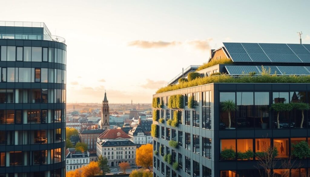 A modern architectural scenario showcasing energy-efficient buildings under the "Bundesförderung für effiziente Gebäude" initiative. In the foreground, a sleek, eco-friendly building with large solar panels on the roof and green walls integrated with plants, reflecting sustainability. In the middle ground, a cityscape featuring a mix of traditional German architecture and innovative, energy-efficient designs, illuminated by warm, natural evening light. The background shows a clear, vibrant sky, suggesting an optimistic future, with gentle clouds adding depth. This image captures a professional atmosphere, with a focus on the advancements in energy conservation. Shot on a Sony A7R IV at 70mm, ensuring sharp focus and vivid colors, with a polarized filter enhancing the clarity of the scene.