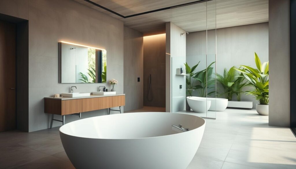 A modern bathroom design featuring seamless surfaces and elegant finishes, showcasing a minimalist aesthetic. In the foreground, a sleek, freestanding bathtub made of pristine white material, surrounded by polished stone tiles that create a continuous flow. The middle ground highlights a double vanity with integrated sinks, framed by a large, backlit mirror reflecting soft, natural light. The background reveals a spacious, open shower area with glass panels, filled with lush greenery for a calming effect. Bright, diffused lighting creates a warm and inviting atmosphere, emphasizing the sleek lines and modern architecture. Shot on a Sony A7R IV, 70mm, with a polarized filter for clear focus and vibrant colors.