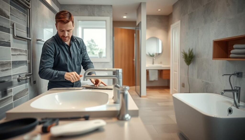 A modern bathroom renovation scene in Rinteln, showcasing a plumber expertly installing new sanitary fixtures. In the foreground, a skilled plumber in a professional uniform works diligently on a sleek new sink and faucet, surrounded by tools and materials. The middle ground features partially installed tiles and contemporary plumbing elements, blending functionality with aesthetic appeal. In the background, a light-filled restroom offers a glimpse of elegant design, with warm wood accents and clean lines. The image is shot with a Sony A7R IV at 70mm, ensuring sharp focus and vivid details, enhanced by a polarized filter to capture the bright atmosphere. The mood is professional and inviting, reflecting high-quality craftsmanship in home improvement.