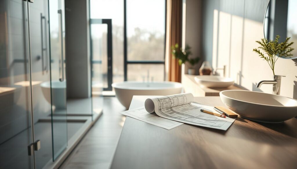 A modern bathroom renovation scene showcasing the latest trends in "Bädersanierung." In the foreground, a sleek, barrier-free shower with elegant glass doors and minimalist fixtures, reflecting a sophisticated design. In the middle ground, architectural blueprints and planning documents are spread across a contemporary countertop, along with a stylish color palette of tiles and finishes. The background features large windows allowing ample natural light to flood the space, creating an inviting atmosphere. Soft, diffused lighting enhances the clean lines and textures of the materials. The image is captured at a 70mm focal length, providing clear focus and sharp definitions of the elements. The overall mood is professional and inspiring, highlighting innovative renovation possibilities.