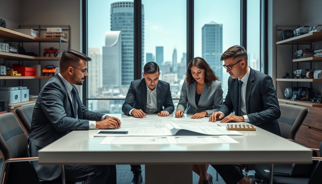 A modern corporate office environment showcasing the services of "Dormer Pramet." In the foreground, a well-dressed professional team, consisting of three diverse individuals in smart business attire, are engaged in a collaborative discussion over technical materials and blueprints on a sleek conference table. The middle ground features a large glass window with a view of a bustling cityscape, adding depth and context. In the background, shelves display various Dormer Pramet products and technical equipment, highlighting innovation. The lighting is bright and natural, emphasizing a productive atmosphere, while the image is shot with a Sony A7R IV at 70mm, ensuring clear focus and sharp definition, with a polarized filter enhancing colors. The overall mood is energetic and forward-thinking, reflecting the company's commitment to excellence.