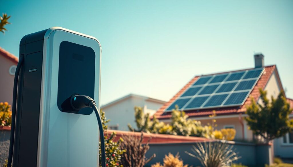 A modern electric vehicle charging station, or Wallbox, is prominently featured in the foreground, showcasing sleek design and advanced technology. In the middle ground, a residential setting integrates photovoltaic solar panels on a sunny rooftop, symbolizing the intersection of e-mobility and renewable energy. The background reveals a clear blue sky, enhancing the fresh, clean atmosphere. The scene is bathed in warm natural lighting, captured with a Sony A7R IV at 70mm for sharp definition and vibrant colors. The mood is optimistic and forward-thinking, reflecting a sustainable future. There are no people in the image, allowing the focus to remain solely on the Wallbox and solar panels.
