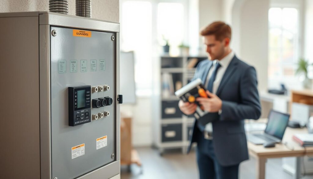 A modern electrical fuse box, or Sicherungskasten, is prominently displayed in a bright, well-lit room. The foreground features the fuse box with its sleek, metallic finish, showcasing clearly labeled circuit breakers and a digital display. In the middle ground, an electrician in professional business attire is focused on examining the box, holding a toolkit with various tools. The background includes blurred office elements, such as a work desk with electrical manuals and a laptop, conveying a professional environment. Soft, natural light filters in through a nearby window, creating an inviting atmosphere. Shot on a Sony A7R IV at 70mm, ensuring sharp details and vibrant colors, complemented by a polarized filter for enhanced clarity.