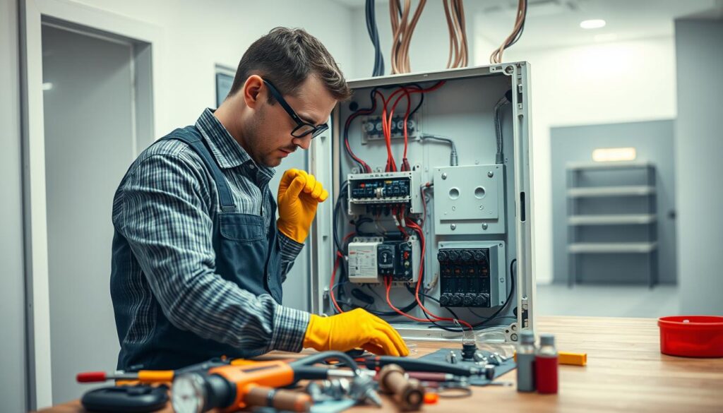 A modern electrical panel installation scene illustrating the process of upgrading a Sicherungskasten (fuse box). In the foreground, a professional electrician in a business casual outfit carefully examines the open fuse box, surrounded by tools like wire strippers, screwdrivers, and safety gloves. The middle ground features a partially disassembled panel, with visible wires and circuits, reflecting modern electrical technology. The background shows a modern, well-lit room, with sleek walls and ambient lighting illuminating the workspace. The image is sharply focused, capturing intricate details of the wiring and components, as if shot with a Sony A7R IV at 70mm with a polarized filter, creating a clear and defined atmosphere. The overall mood conveys professionalism, readiness, and technical expertise in electrical modernization.