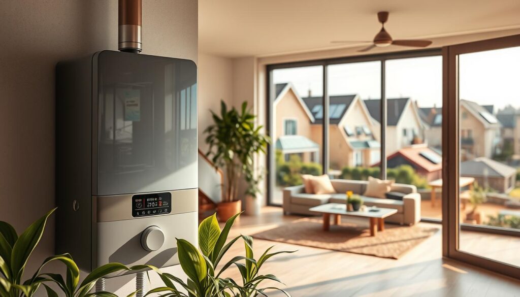 A modern, energy-efficient heating system installed in a contemporary home setting. In the foreground, a sleek, high-tech boiler with digital controls, surrounded by green plants symbolizing sustainability. The middle layer features a stylish living room with large windows showcasing natural light, highlighting energy-saving features like thick insulation and solar panels on the roof. In the background, a bustling neighborhood with similar homes that reflect a commitment to environmentally friendly living. The image is shot with a Sony A7R IV at 70mm, ensuring clear focus and sharp definition. A polarized filter enhances the vibrant colors and contrasts, creating a warm, inviting atmosphere that emphasizes the importance of energy efficiency.