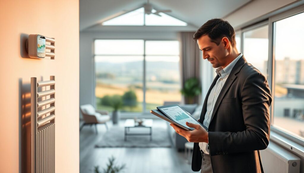 A modern, energy-efficient home interior showcasing advanced heating technology, featuring a sleek radiator and a smart thermostat on the wall. In the foreground, a professional in business attire examines energy efficiency charts on a digital tablet. The middle ground displays an inviting living space with large windows allowing natural light to illuminate the room. The background reveals a picturesque view of the Weserbergland landscape through those windows, emphasizing the connection between nature and sustainable living. The lighting is warm and soft, highlighting the modern décor and creating a cozy atmosphere. Shot with a Sony A7R IV at 70mm, with sharp focus and clarity enhanced by a polarized filter, ensuring a professional, high-quality image.