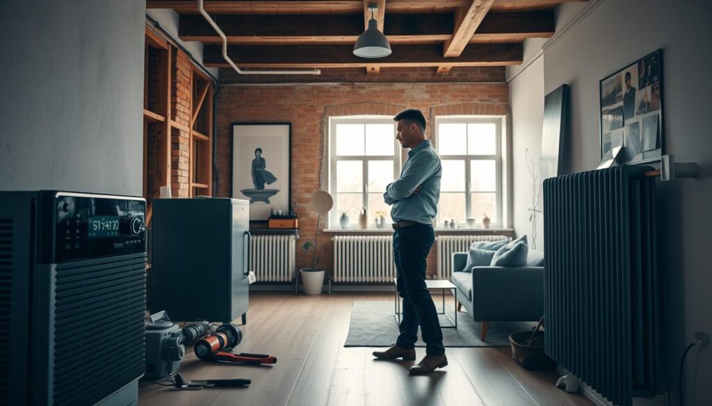 A modern heating system installation scene set in a cozy home environment. In the foreground, a professional technician in business attire inspects a sleek, new heating unit with modern digital controls, standing next to tools and equipment on a clean workbench. The middle ground features a partially renovated living room with exposed walls and a contemporary radiator installation, showcasing energy-efficient technology. In the background, large windows let in natural light, illuminating the space and casting soft shadows on the walls. The atmosphere is professional yet inviting, suggesting efficiency and modernity. The image is captured with a Sony A7R IV at 70mm, sharply focused with a polarized filter, highlighting the details and textures for clarity.