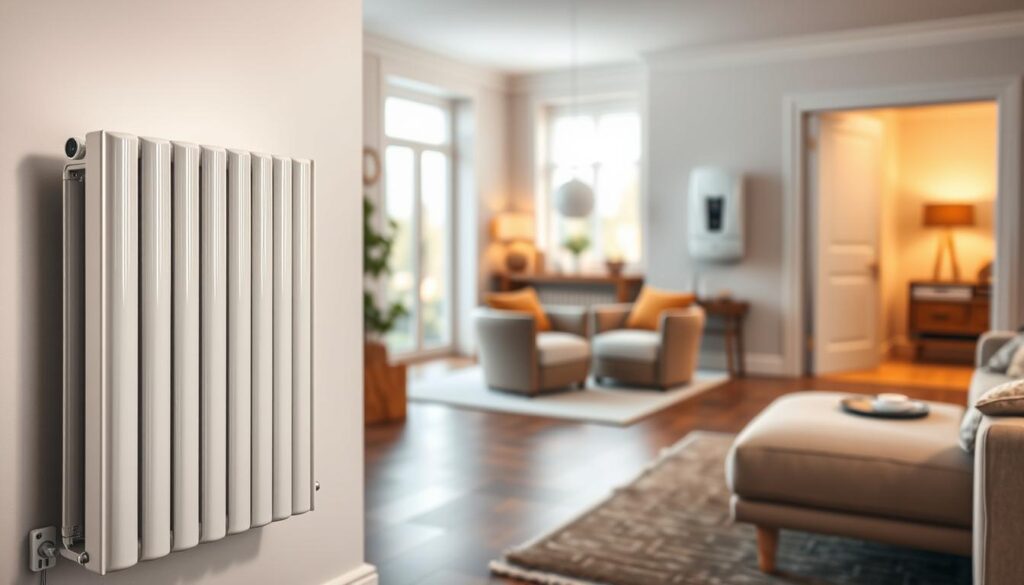 A modern heating system showcased in a stylish living room, featuring sleek, energy-efficient radiators and a high-tech boiler unit. In the foreground, the focus is on a contemporary radiator mounted on a wall, with a digital thermostat nearby. The middle ground captures a well-furnished room with cozy decor, emphasizing warm tones and natural light streaming in from large windows. In the background, a subtle view of a high-efficiency boiler installed in a utility closet, blending seamlessly with the home's aesthetics. The image is shot with a Sony A7R IV at 70mm, ensuring sharp details and clarity, enhanced by a polarized filter to create a bright and inviting atmosphere that highlights the advantages of modern heating systems.