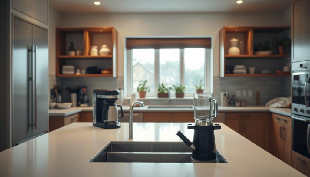 A modern kitchen interior showcasing various kitchen equipment and appliances tailored to individual preferences. In the foreground, a sleek kitchen island with a white countertop, featuring an assortment of high-end cooking tools like a coffee maker, blender, and knife set. In the middle, stylish cabinetry with tasteful organization, emphasizing a blend of functionality and aesthetics. The background reveals a large window allowing natural light to flood the space, illuminating a potted herb garden on the windowsill. Soft, warm lighting creates an inviting atmosphere, while a wide-angle perspective captures the openness of the layout. Shot on Sony A7R IV with a 70mm lens, clearly focused and sharply defined, using a polarized filter for enhanced color vibrancy and depth.