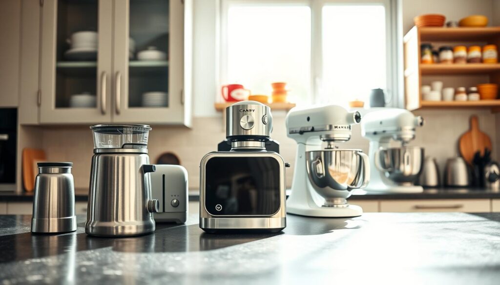 A modern kitchen scene showcasing a variety of sleek kitchen appliances in a harmonious arrangement. In the foreground, a shiny stainless steel blender and a minimalist toaster with a brushed finish sit on a dark granite countertop. In the middle ground, a cutting-edge coffee machine with digital controls complements a stand mixer in elegant white. The background features a wall of cabinets with stylish open shelving displaying colorful cookware and neatly arranged spice jars. Soft, natural light filters in through a large window, creating a warm and inviting atmosphere. The image is shot with a Sony A7R IV at 70mm, ensuring clear focus and crisp details, with a polarized filter enhancing colors and reducing glare, providing a professional and vibrant look. The overall mood is modern, sleek, and organized, perfect for illustrating the diversity of kitchen gadgets.