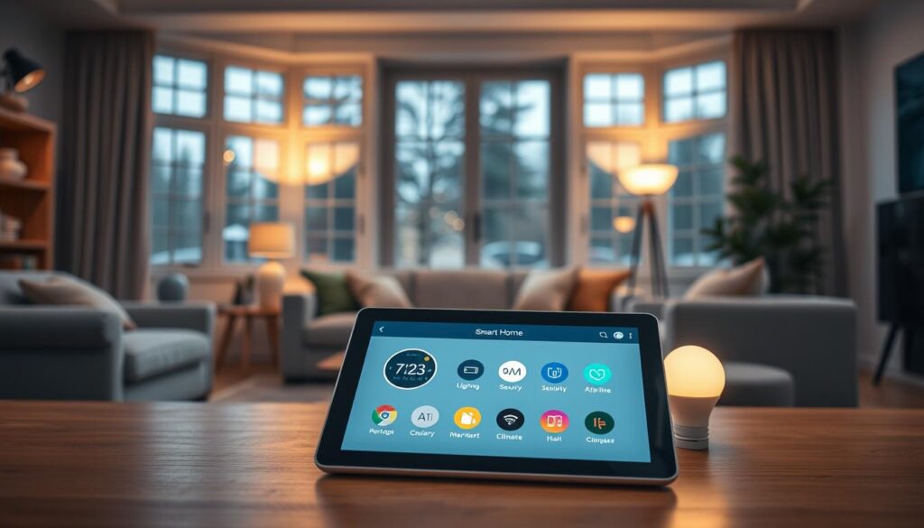 A modern living room showcasing an array of smart home components. In the foreground, a sleek tablet displays a smart home interface with icons for lighting, security, and climate control. The middle ground features innovative devices like a smart thermostat, a home assistant speaker, and smart light bulbs that emit a soft, warm glow. In the background, large windows reveal a smart security camera positioned outside. The setting is illuminated by soft, ambient lighting, creating a cozy atmosphere. Captured with a Sony A7R IV at 70mm, the image is sharply defined and well-focused, enhanced by a polarized filter to bring out colors and details. The overall mood is futuristic yet inviting, reflecting the advanced technology of a smart home system.