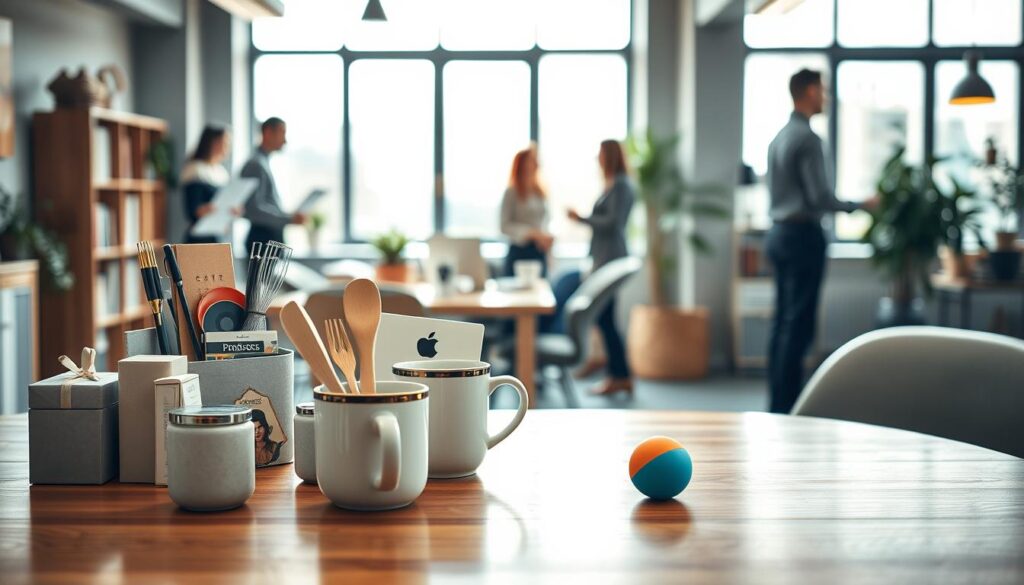 A modern office environment bustling with light and creativity. In the foreground, a selection of innovative gift ideas for colleagues, including stylish desk organizers, artisanal coffee mugs, and relaxing stress balls, nicely arranged on a polished wooden desk. In the middle ground, colleagues in professional attire are engaged in light conversation, exuding a relaxed demeanor amidst a serene atmosphere. The background features large windows allowing soft, natural light to fill the space, enhancing the cozy vibe of the office. The image captures a peaceful and collaborative workspace, shot with a Sony A7R IV at 70mm with a polarized filter, ensuring clarity and sharp detail, creating a warm, inviting mood that reflects a comfortable workday.