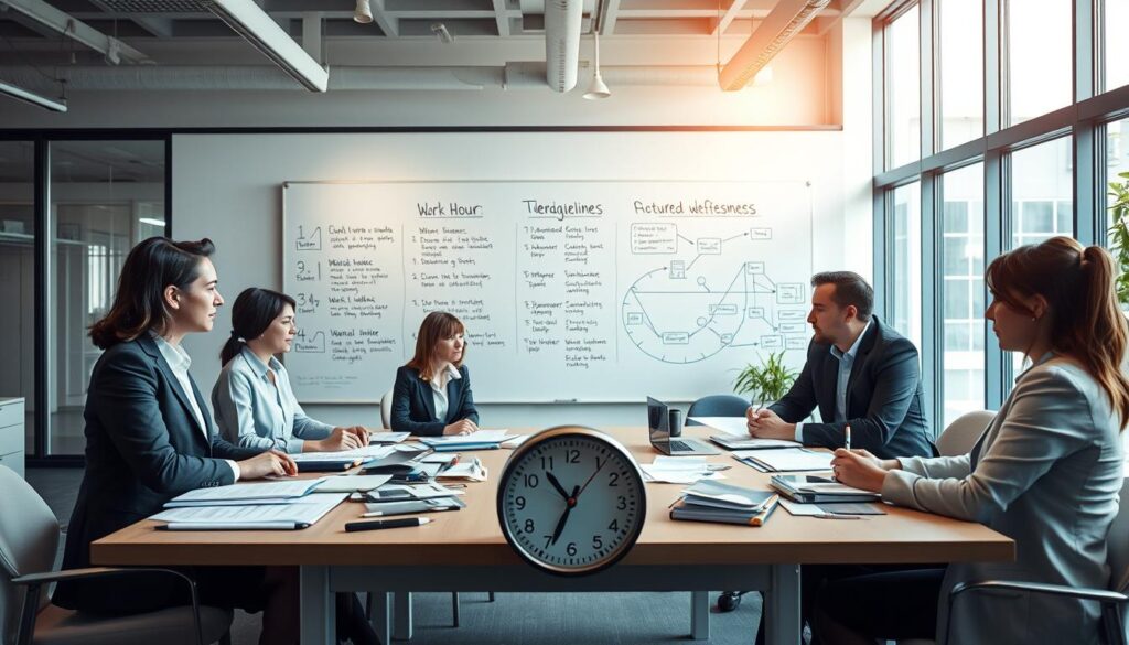 A modern office environment depicting the theme of "Regelungen zur werktäglichen Arbeitszeit." In the foreground, a diverse group of four professionals in business attire are engaged in a discussion around a large table filled with documents, charts, and a clock emphasizing time management. The middle ground features a large whiteboard with written guidelines and flowcharts outlining work hour regulations. The background shows a bright, open workspace with large windows letting in natural light, creating a vibrant atmosphere. The mood is focused and collaborative, evoking a sense of professionalism and productivity. Shot on Sony A7R IV 70mm, with clear focus and sharp definition, using a polarized filter for enhanced clarity and detail.