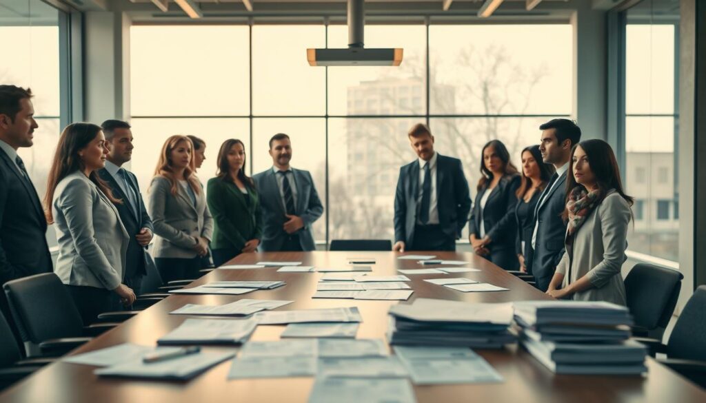 A modern office environment emphasizing the theme of labor shortage in Germany. In the foreground, a diverse group of professional individuals engaged in a discussion, wearing business attire, with a look of concern and contemplation. In the middle ground, a large, empty conference table symbolizing the shortage of candidates, accompanied by resumes scattered across it. The background showcases a bright, inviting office space with large windows allowing natural light to flood in, creating a sense of openness. The lighting is warm and welcoming, highlighting the expressions of the professionals. Captured with a Sony A7R IV at 70mm, the image should be clearly focused and sharply defined, with a polarized filter enhancing the visual depth and clarity. The atmosphere conveys urgency and reflection on the impact of labor shortages.