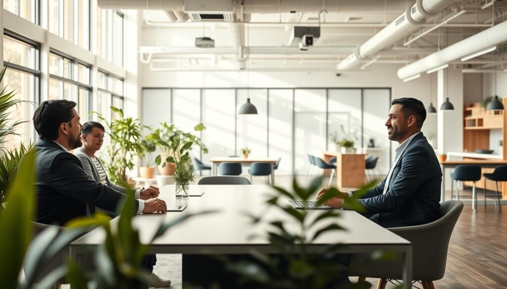 A modern office environment featuring diverse professionals in a collaborative setting. In the foreground, a group of three individuals, two men and one woman, are engaged in a lively discussion around a large conference table, all dressed in smart business attire. The middle ground showcases a stylish, open-plan office filled with natural light streaming through large windows, highlighting vibrant plants and contemporary furniture. In the background, a sleek kitchen area with bar seating and a casual meeting space is visible, adding to the inviting atmosphere. The overall lighting is bright and airy, enhancing a sense of optimism and teamwork. Shot on Sony A7R IV 70mm, the image is sharply defined with a polarized filter for vivid colors, creating a professional yet inviting mood that reflects a top employer's appeal.