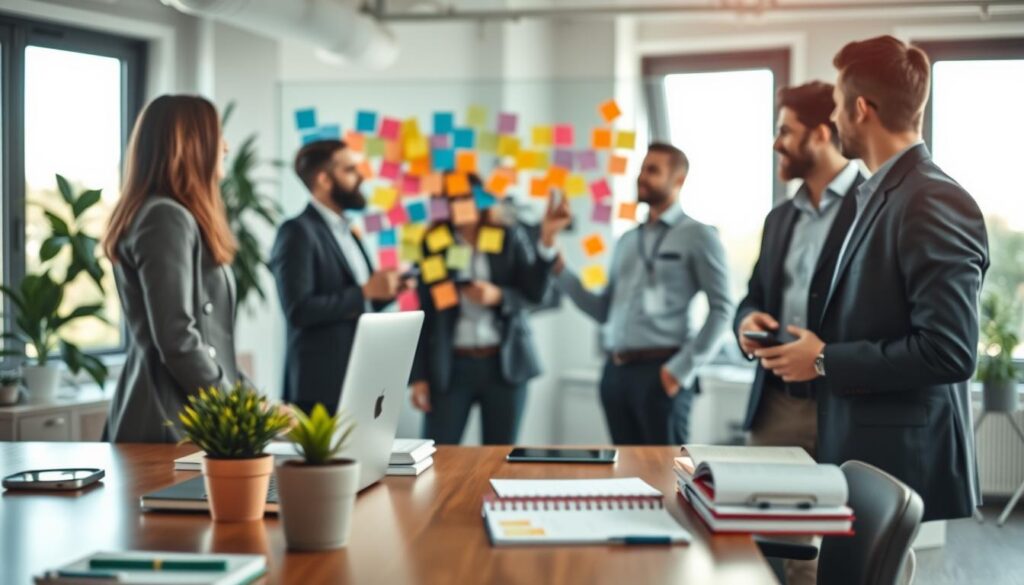 A modern office environment filled with inspiration for boosting productivity. In the foreground, a well-organized desk featuring a laptop, a potted plant, and a planner. In the middle ground, a diverse group of three professionals, two men and one woman, engaged in a dynamic brainstorming session, all dressed in business attire. They are surrounded by colorful post-it notes on a glass board filled with ideas. In the background, large windows let in natural light, illuminating the space and creating a vibrant atmosphere. The image is captured with a Sony A7R IV at 70mm, ensuring crisp details and clarity, with a polarized filter used to enhance contrast and minimize glare, evoking a positive and motivating mood ideal for discussing productivity strategies.