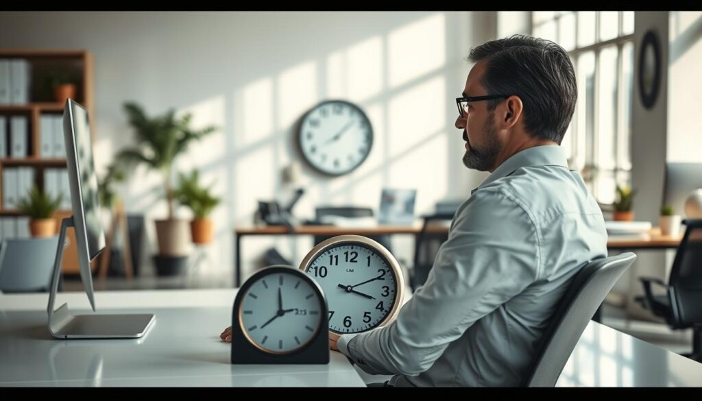A modern office environment illustrating average working hours in Germany. In the foreground, a well-dressed professional person of German descent is sitting at a sleek, contemporary desk, attentively reviewing a schedule on their computer. The middle scene features an organized workspace with a clock displaying 9 to 5. In the background, soft daylight streams through large windows, casting gentle shadows over desks with potted plants and office supplies. The overall atmosphere is focused and productive, with a hint of professionalism. Shot on a Sony A7R IV, 70mm lens, using a polarized filter for clarity and definition, creating a bright and inviting ambiance that emphasizes the theme of work-life balance.